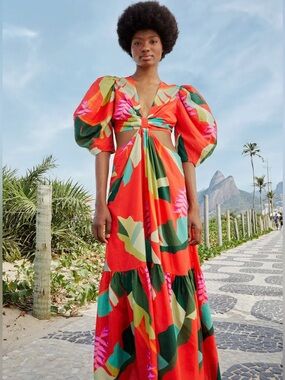 Farm Rio Gorgeous Heliconia Red Cutout Puff-Sleeve Midi Dress NWT Size L